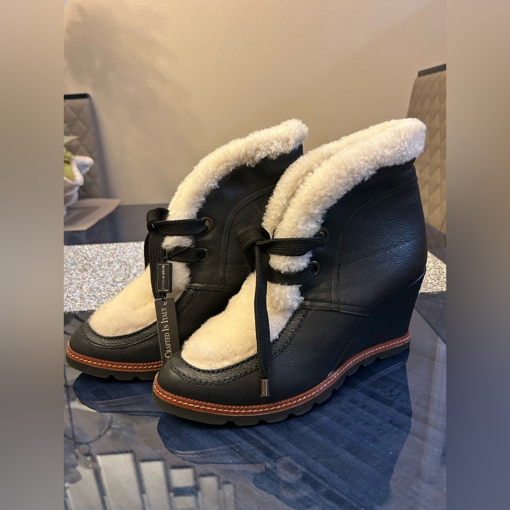 Fabianelli Womens Wedge Booties Black Leather Boots Sherpa Sz EU 40 Italy